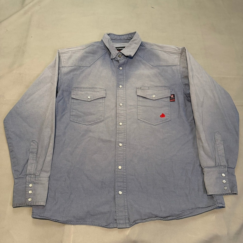 Forge FR Fire Flame Resistant Workwear Men Blue Pearl Snap Western Shirt CAT2-L-